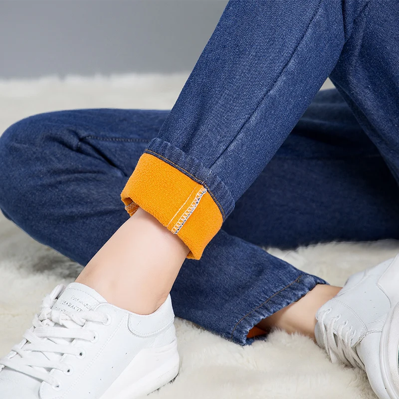 

Women Winter Warm Jeans Loose Black Thickening Harem Jeans Casual Printed Drawstring Waist Jeans Pants Fleece Denim Trousers 28