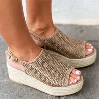 original thick bottom sponge cake fish mouth grass woven fishermans shoes womens sandals with empty rattan bottom