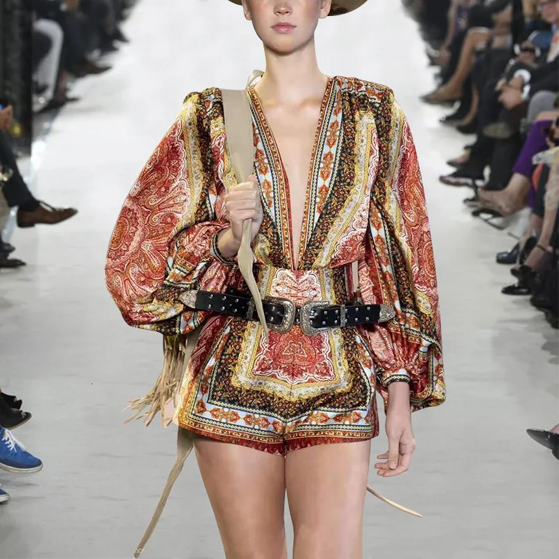 Инди фолк Комбинезоны для женщин цветочный принт фонарь рукав Высокая талия