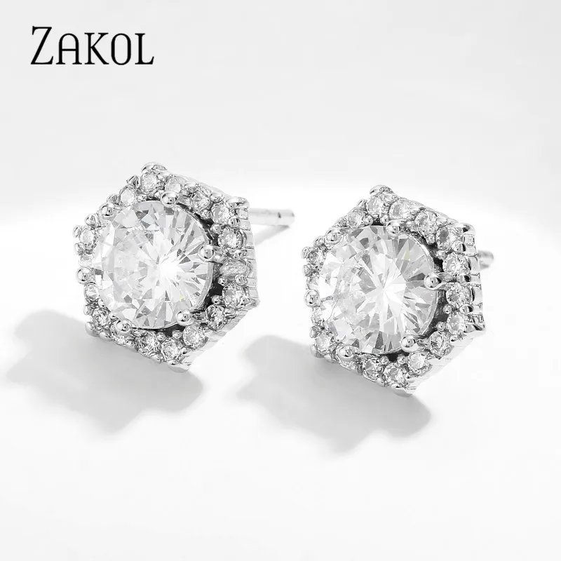 Женские серьги-гвоздики ZAKOL классические круглые серьги с фианитами ААА