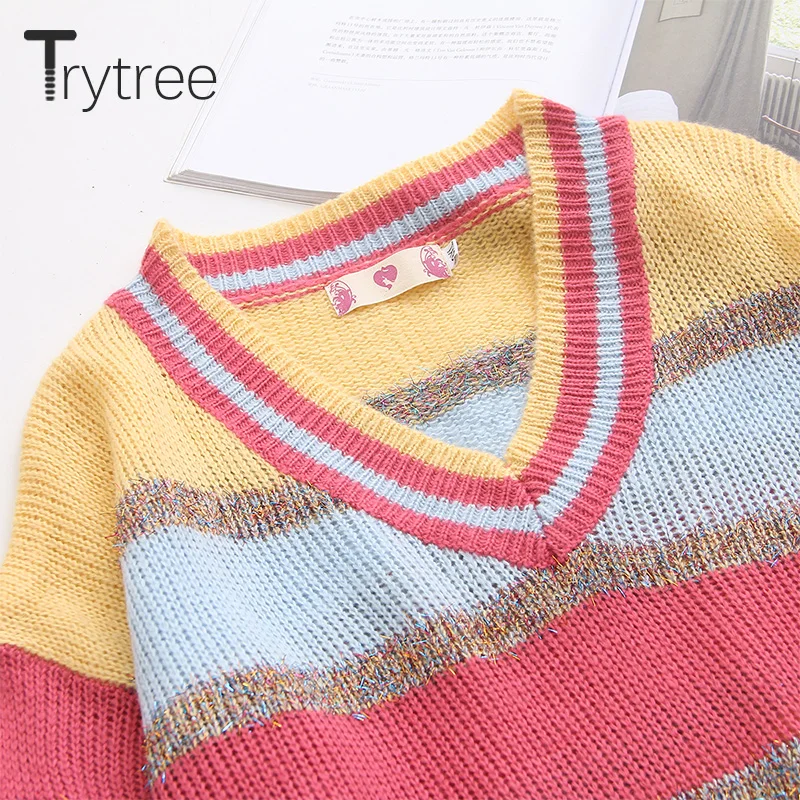 Trytree/осенне-зимний женский свитер Повседневный с v-образным вырезом в полоску
