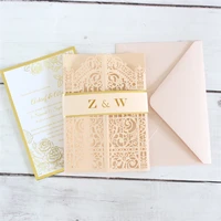 customized wedding invitations metallic gold border invites belly band decoration nude pink hollow laser cutting card 50 sets