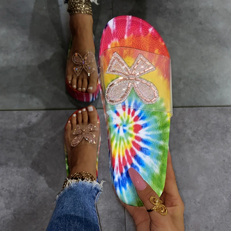

2021 Women Slippers Sandals Flat Summer Women's Shoes Open Toe Fashion Butterfly Rhinestone Roman Wind Plus Size 36-43