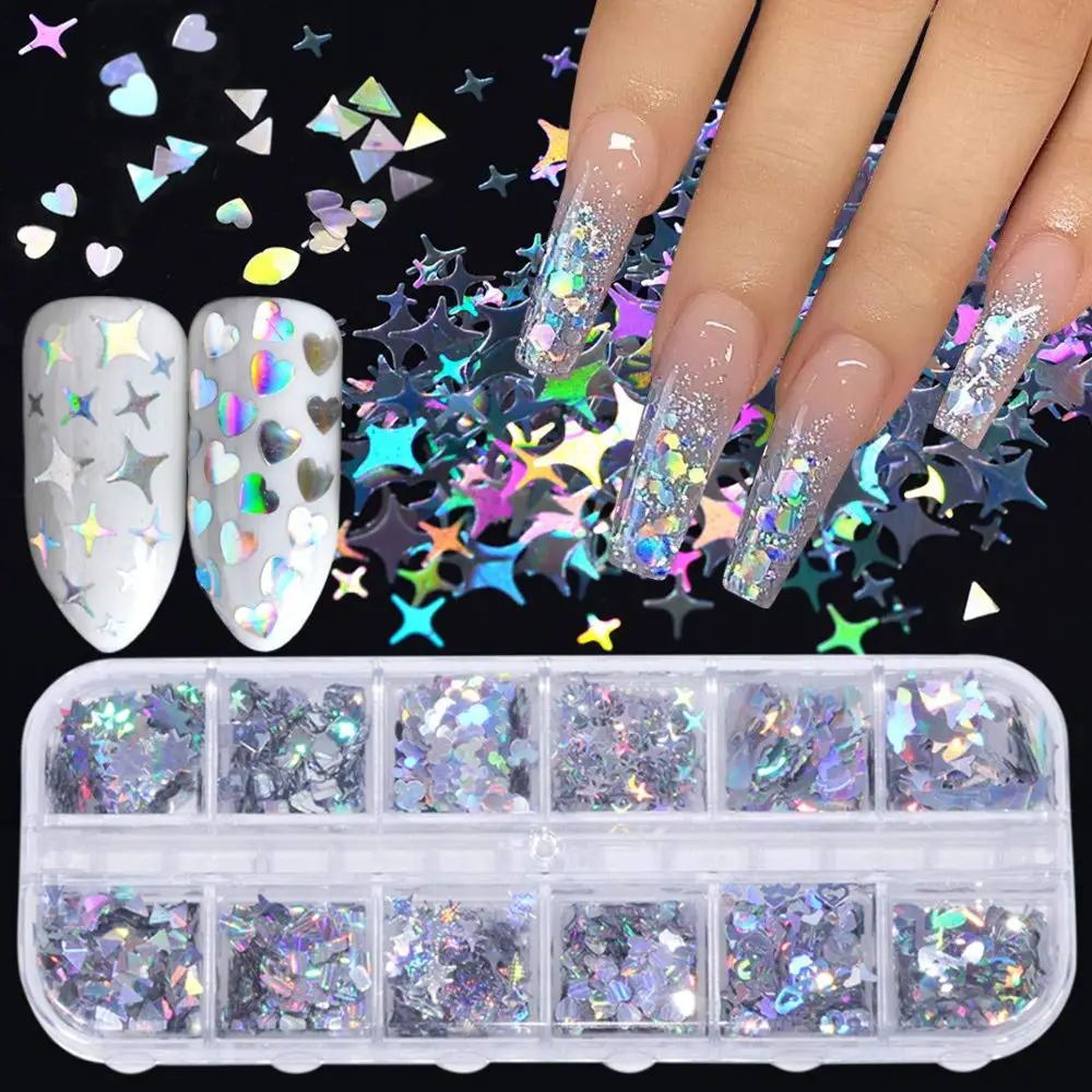 

Nail Art Glitter Sticker Supplies Flakes 12 Grids Laser Silver Nail Decals 3d Butterfly Star Heart Unicorn Nail Art Decorations