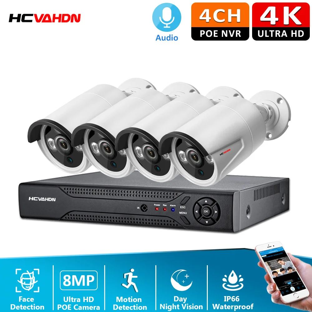 

4channels 4K NVR POE Security Camera System Outdoor IR-CUT CCTV Video Surveillance Video Recorder Camera System Kit Face Record