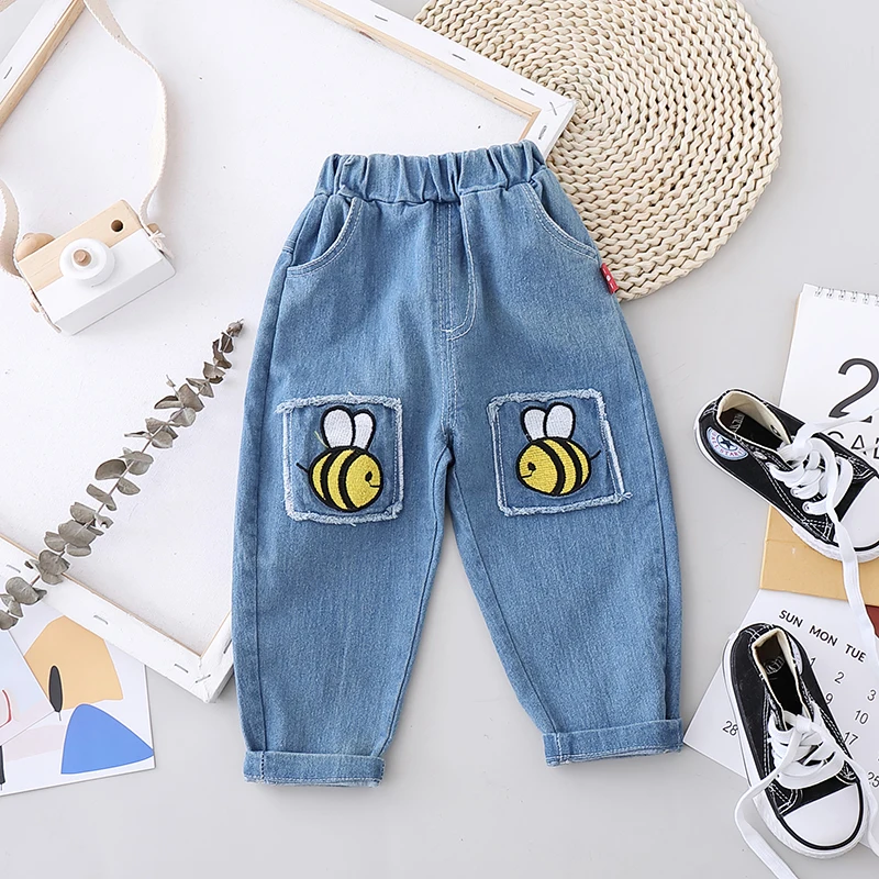 Джинсы для маленьких мальчиков и девочек Детские брюки с вышивкой в виде пчелы