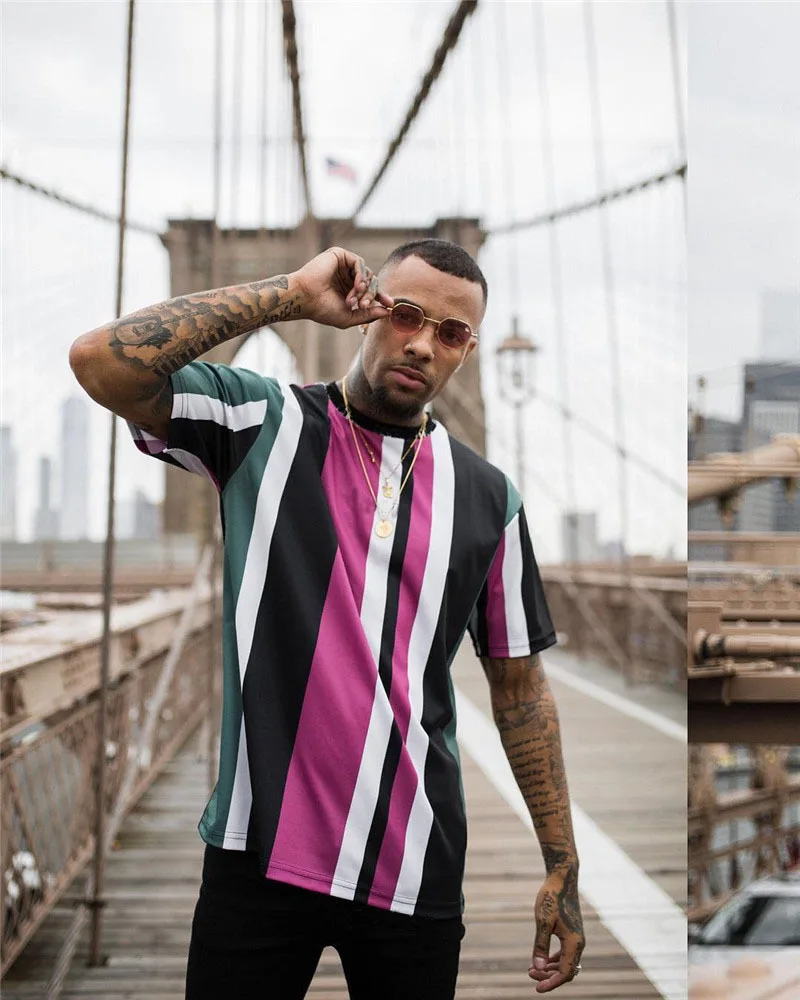 Футболка мужская в полоску Повседневная рубашка с коротким рукавом круглым