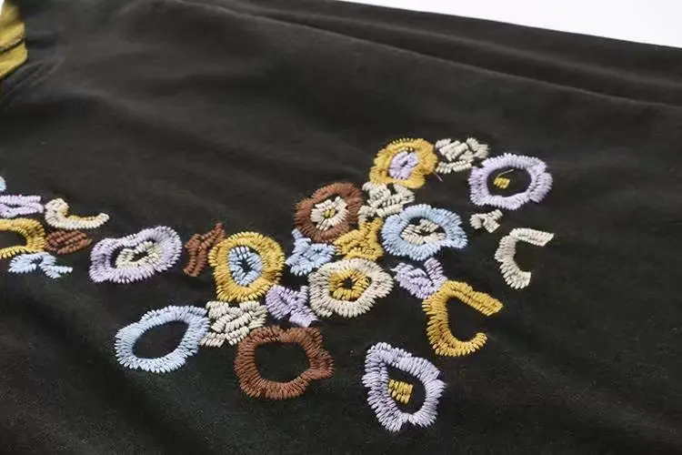 Женский хлопковый костюм с цветочной вышивкой повседневный черный топ круглым