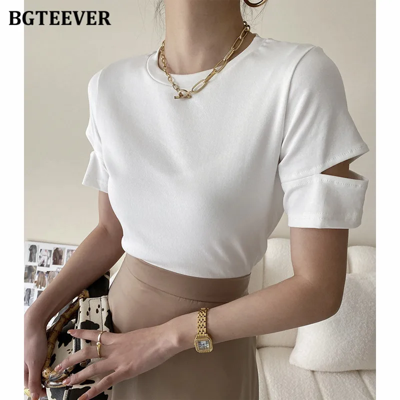 

BGTEEVER повседневные Хлопковые женские топы с круглым вырезом и разрезом, Элегантные Свободные Женские однотонные белые футболки, весна-лето ...
