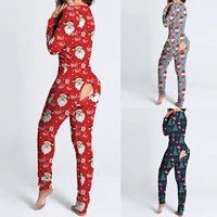 christmas santa printed onesies women holiday sexy open crotch jumpsuit button down pijamas winter sleepwear pijama feminino z40