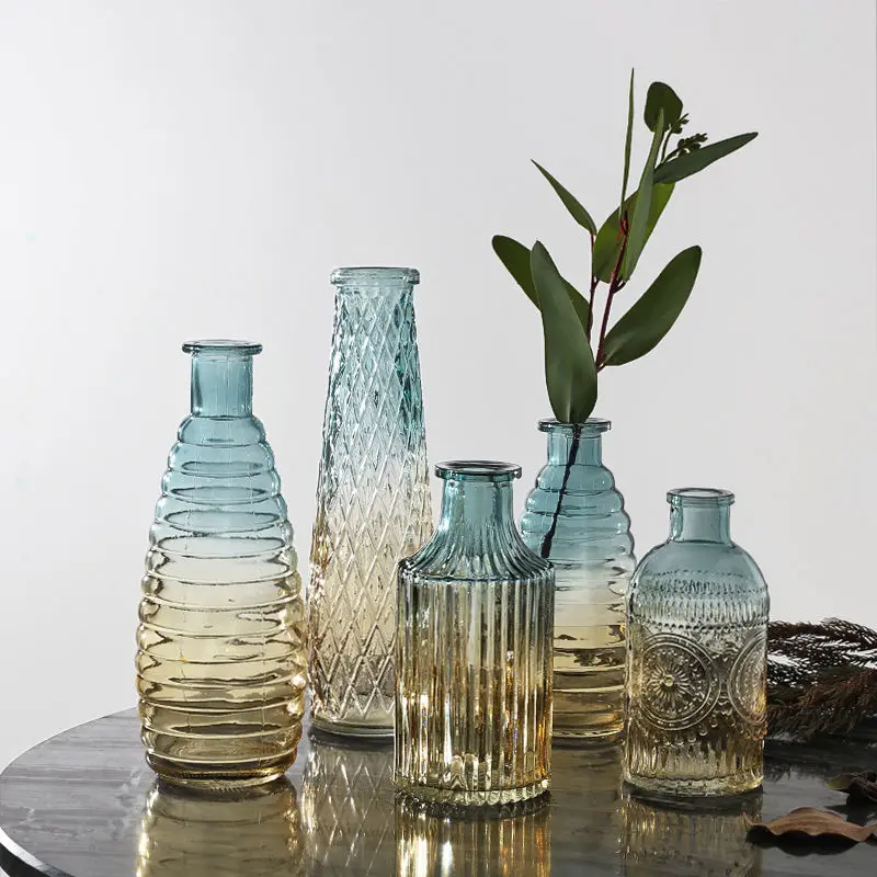 Transparent Glass Vase Gradient Color Stripe Shape Simple Modern Home Living Room Bedroom Desktop Decoration Aromatherapy Bottle | Дом и сад