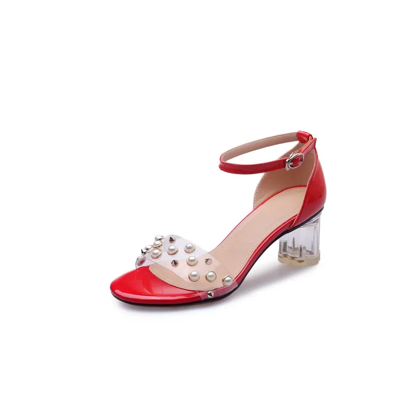 Сандалии женские на высоком каблуке прозрачные босоножки с жемчугом обувь