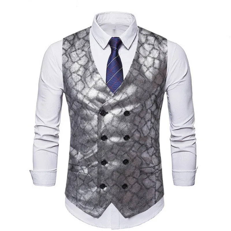 Модный мужской облегающий жилет с золотым и серебряным принтом деловой