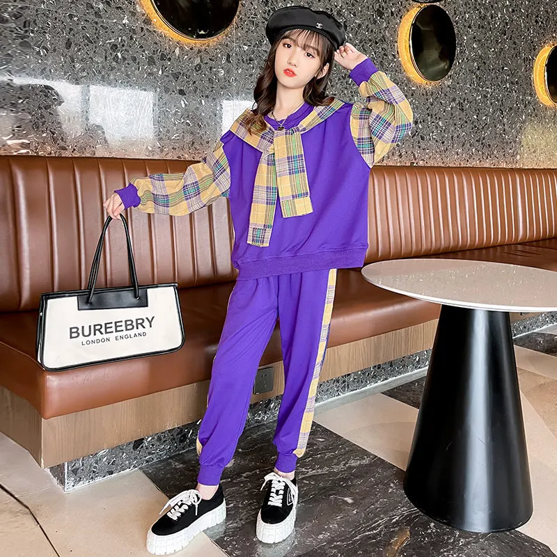 

Tracksuit Girls Autumn Long Sleeve Purple Pink Cool Kids Sport Suit Casual Plaid Sportwear Teenage School Children's Costumes
