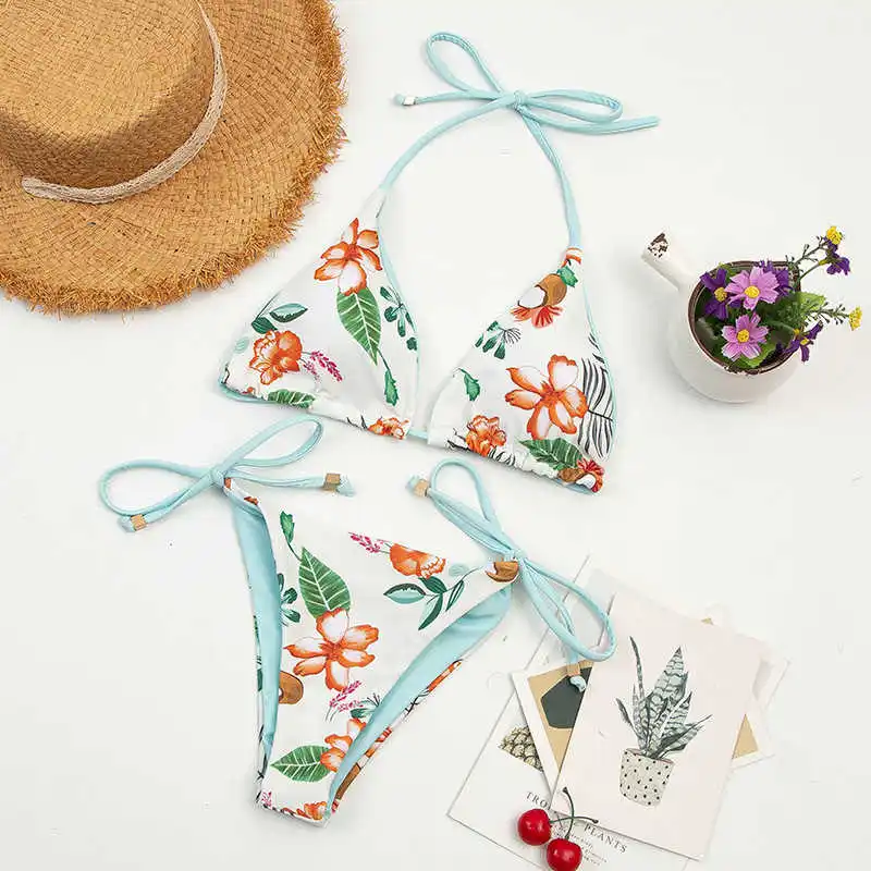 

Shell Tassel Bikini Set Beach Bikini 2021 Women Halter Neck Print Swimsuit Strappy Bathing Suit Sexy