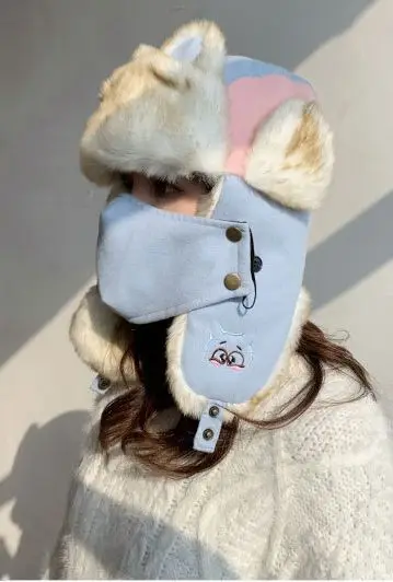 embroidery cartoon Lei Feng hat Russia ear-flapped hat women bomber hats thick warm outdoor winter hat - Цвет: light blue