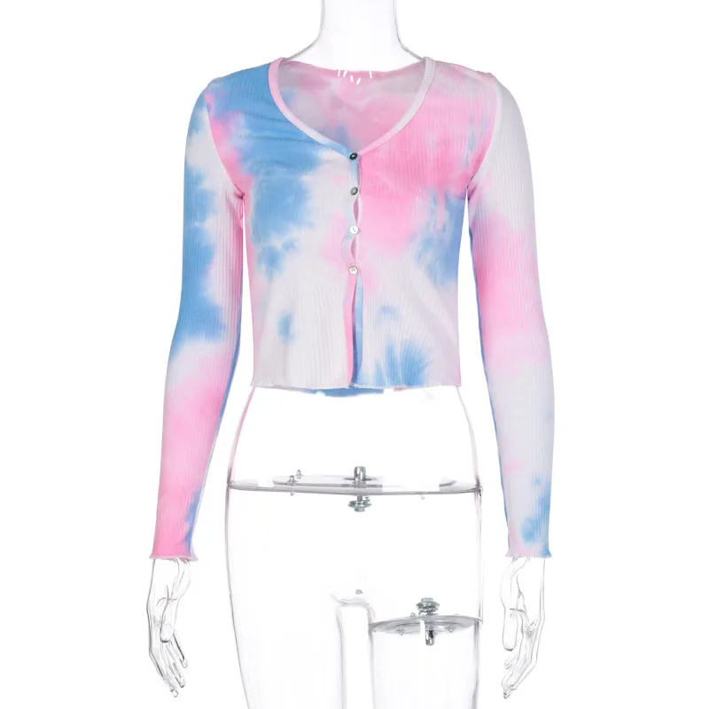 

2021 Spring Autumn Women Fashion Streetwear Outfits T-shirts Tie Dye Long Sleeve Cardigan Sexy Crop Tops