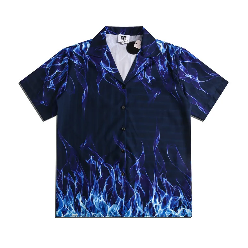 

3D Blue Flame Print Short Sleeve Streetwear Hip Hop Harajuku Summer Hawaiian Beach Korean Floral Fashion Shirts Camisa