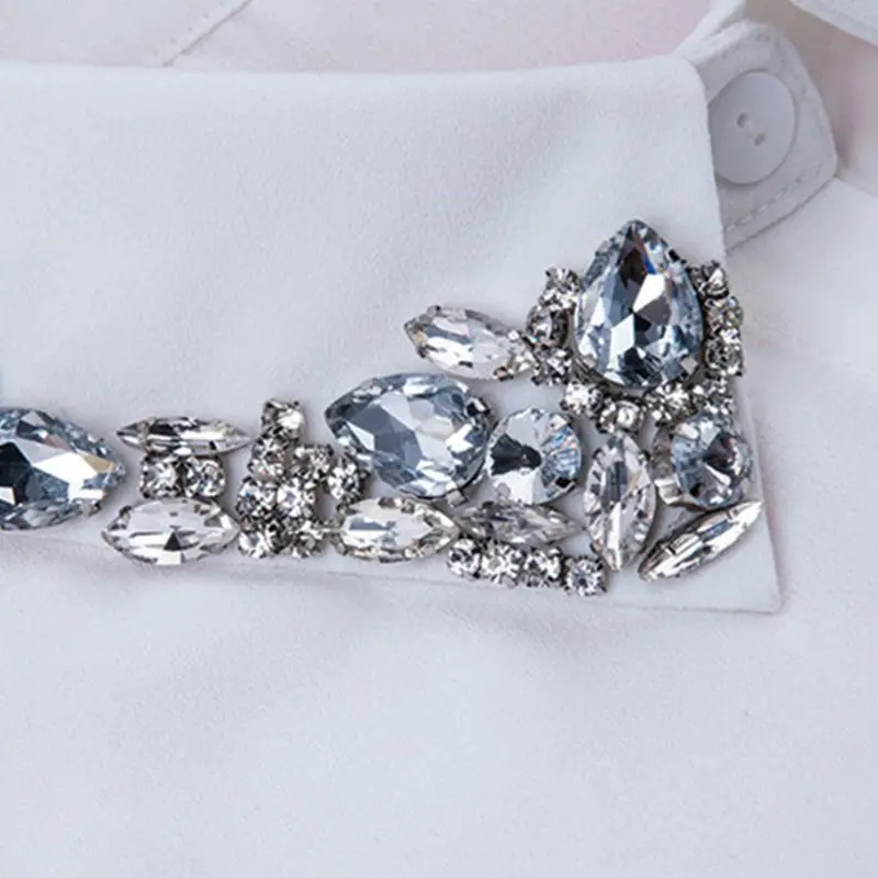 

Ladies Women Water Drop Imitation Crystal Chiffon Fake Collars Jewelry Rhinestone Lapel Detachable Button Down Half-Shirt Blouse