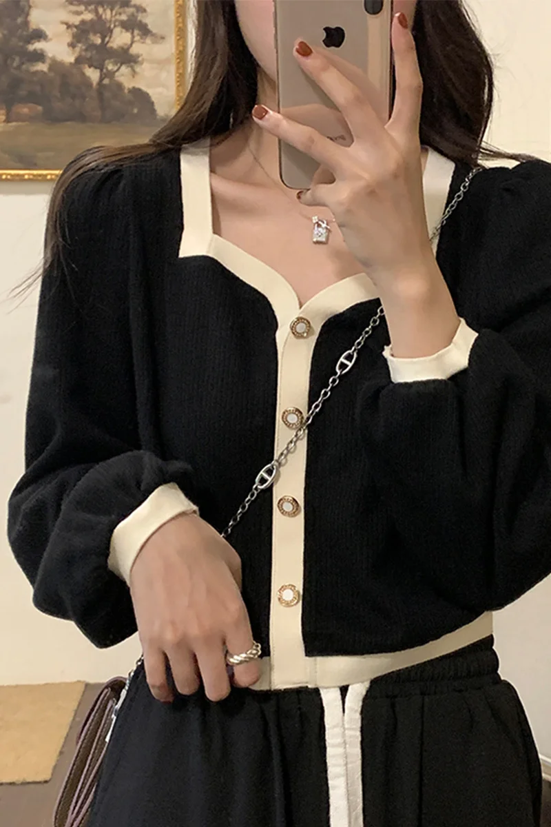 Neck T-shirt French Loose Contrast Color Aging Short Long Sleeve Top 2021 Early Autumn |