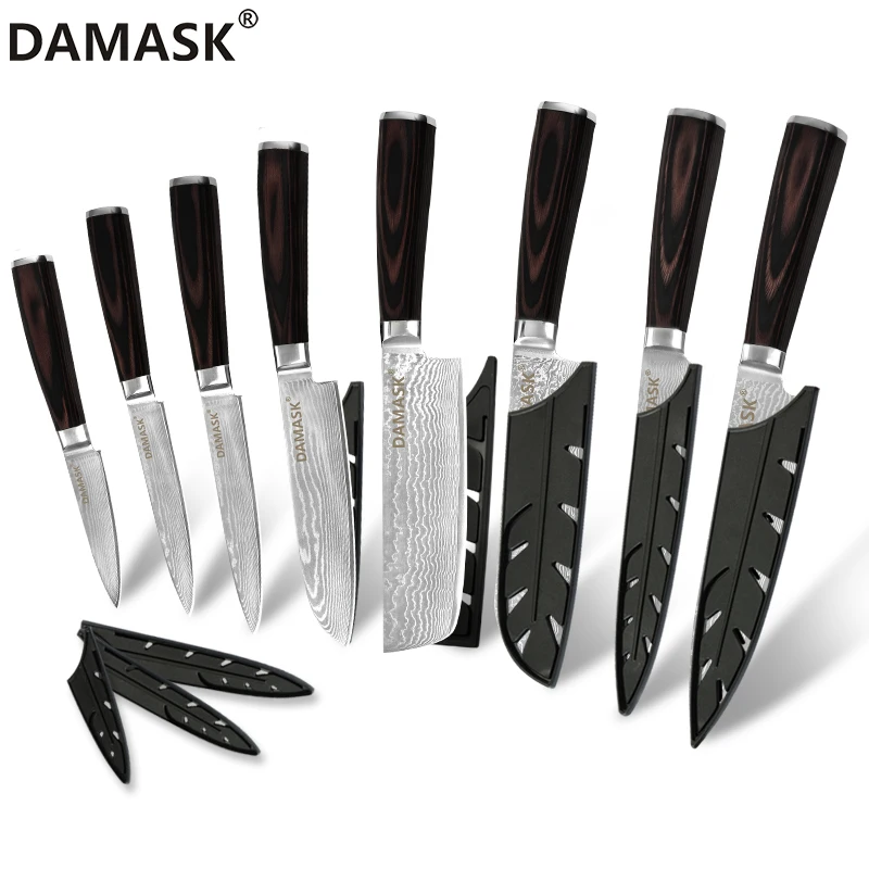 8 pcs Set Дамасский нож 73 слоя VG10 японский дамасский стальной кухонный нож для очистки овощей Santoku нож для нарезки повара инструмент для приготовления пищи - Цвет: 8 pcs Set