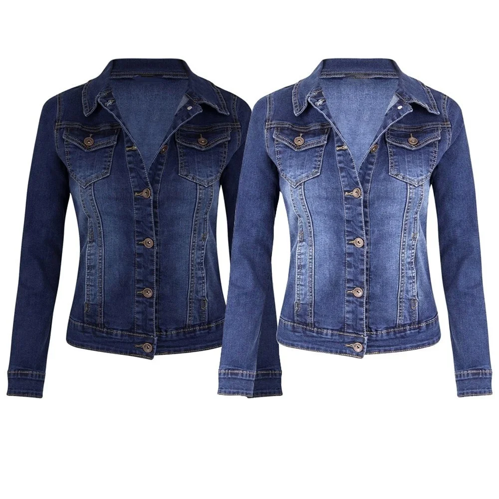 

LIBERJOG Women Denim Jacket Female Multi-size Long Sleeve Single-breasted Stretch Slim Denim Short Locomotive Coat Spring Autumn
