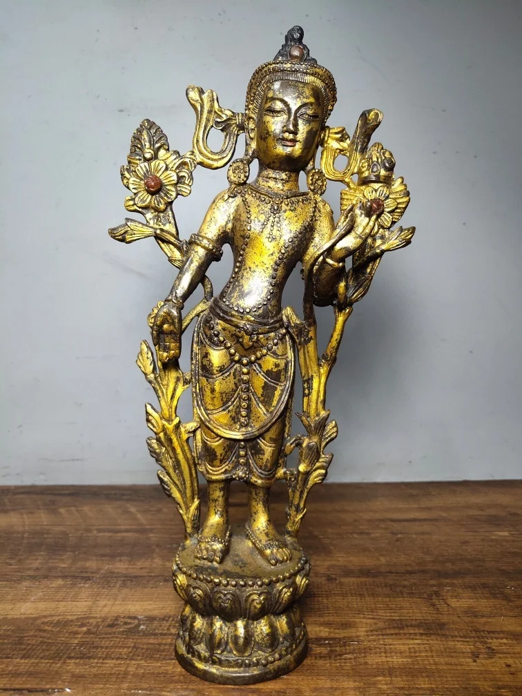 

13" Tibet Buddhism Temple Old Bronze Gilt Cinnabars Tara Buddha Statue Station Double Lotus Terrace Enshrine the Buddha