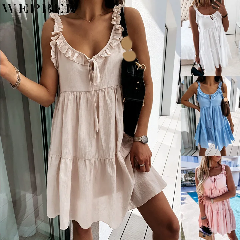 

WEPBEL Women Sexy Fungus Strap Mini Dress Ladies Elegant Summer Fashion Sleeveless Halter Ruffle Dress