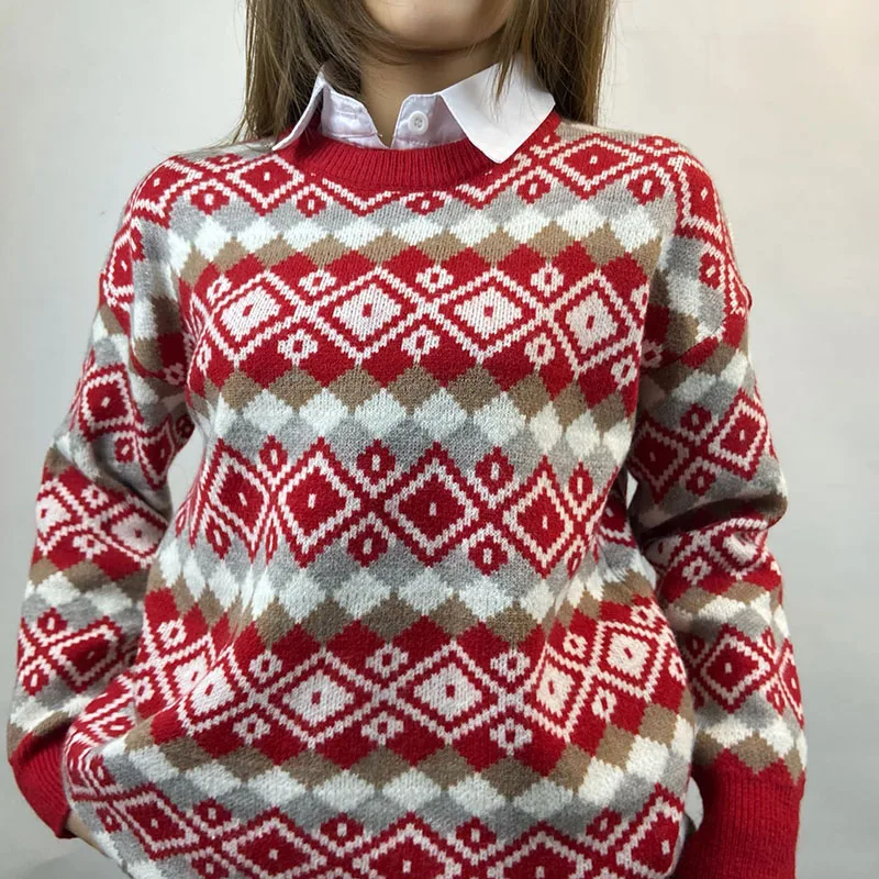 

Dourbesty New Christmas Sweater Women Vintage Autumn Winter Argyle Print Pullovers Fashion Knitted Sweater Oversized Tops Kawaii