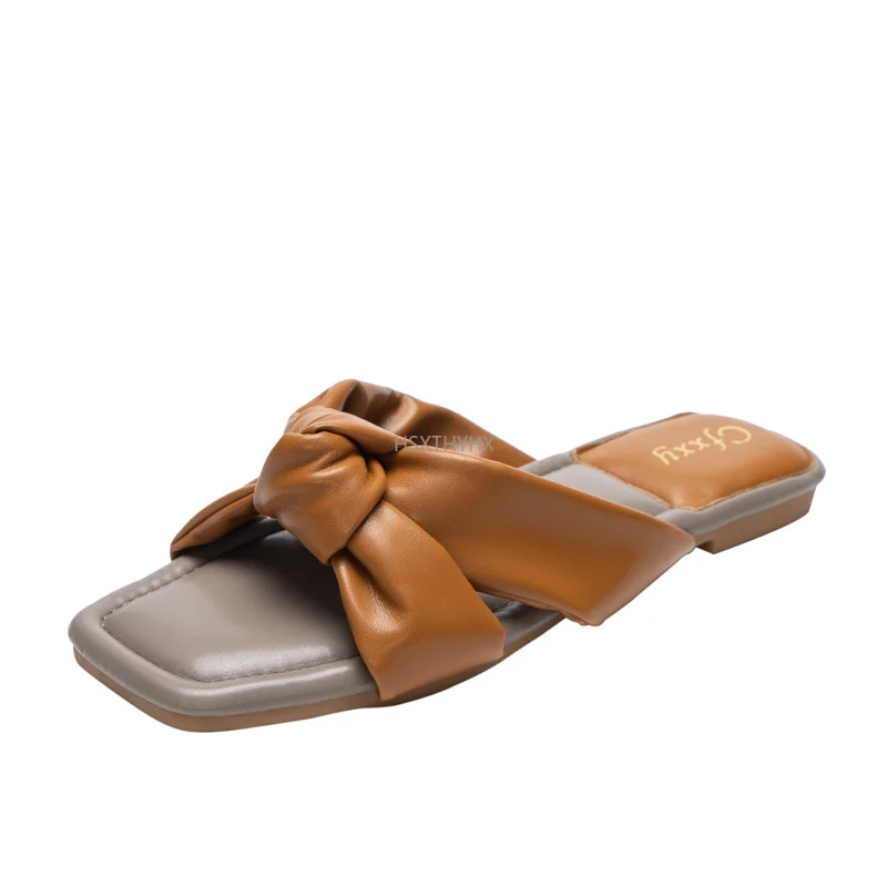 

Шлепанцы женские кожаные с узлом, сланцы, квадратный носок, плоская подошва, пляжные сандалии, Повседневная Уличная обувь, лето 2022
