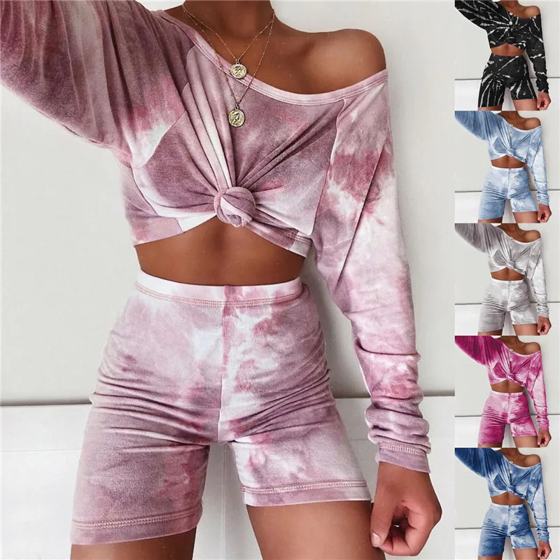 

Women 2020 Summer Pajama Set Fashion Tie-dyeing Print Long Sleeve Tops & Shorts PJ Set Ladies Loungewear Nightwear Sleepwear