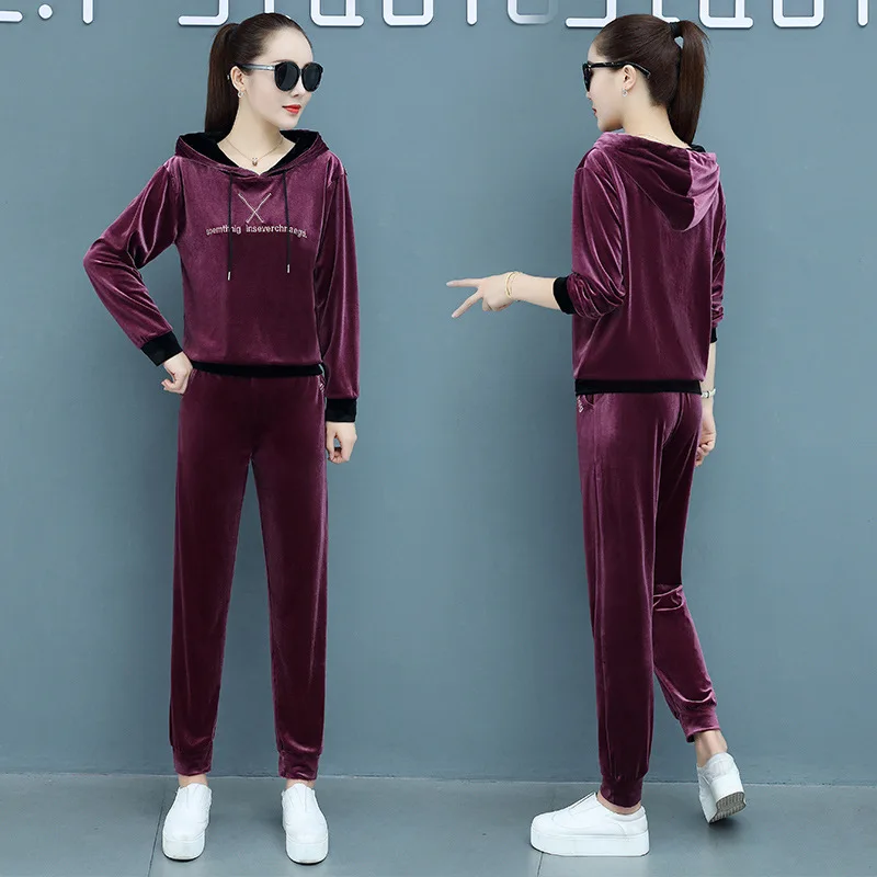 

Бархатный спортивный костюм с вышивкой букв, Женский комплект из двух предметов, осенняя одежда, толстовка, свитшот, топ, длинные брюки, кост...