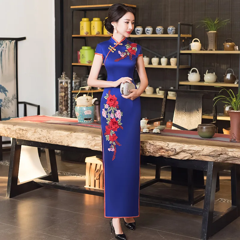 Белое Женское длинное платье Ципао с вышивкой вечерние платья коротким рукавом