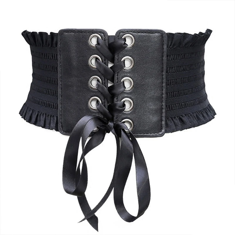 

67JF Flexible Girls Broad Waist Belt PU Leather Embellished Metal Button Closure Women Wardrobe Must-have Piece