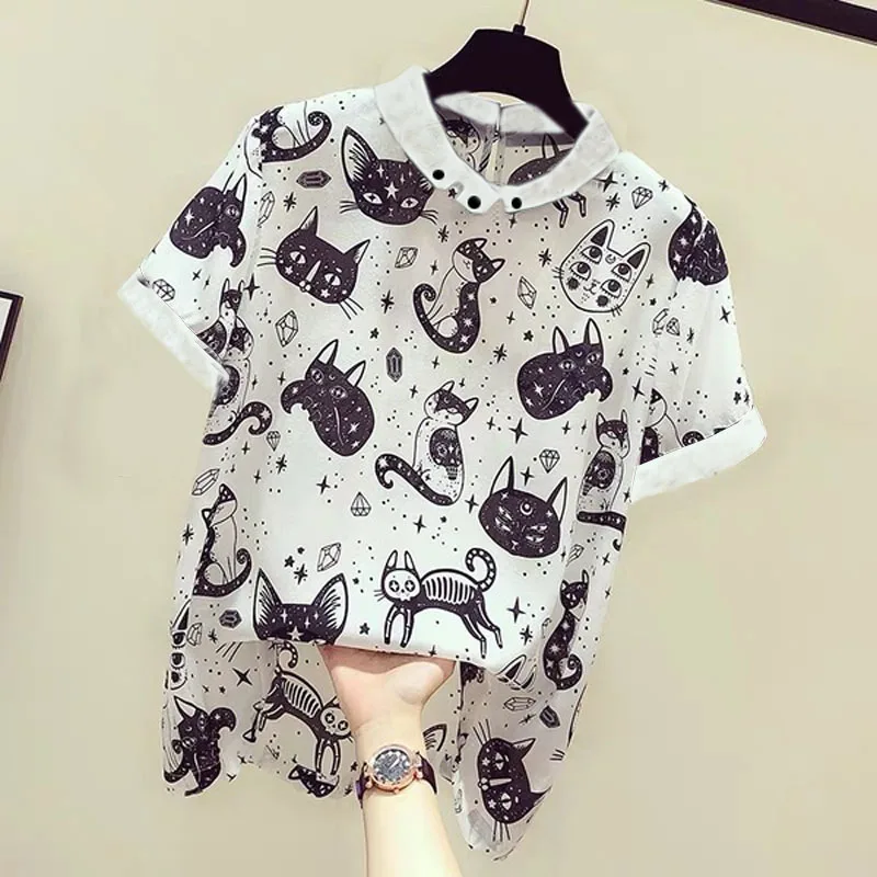 Women Cartoon Cat Print Shirt Blouses Work Office Chiffon Short Sleeve Shirt Leisure White Blouse Casual Tops Blusas Femininas