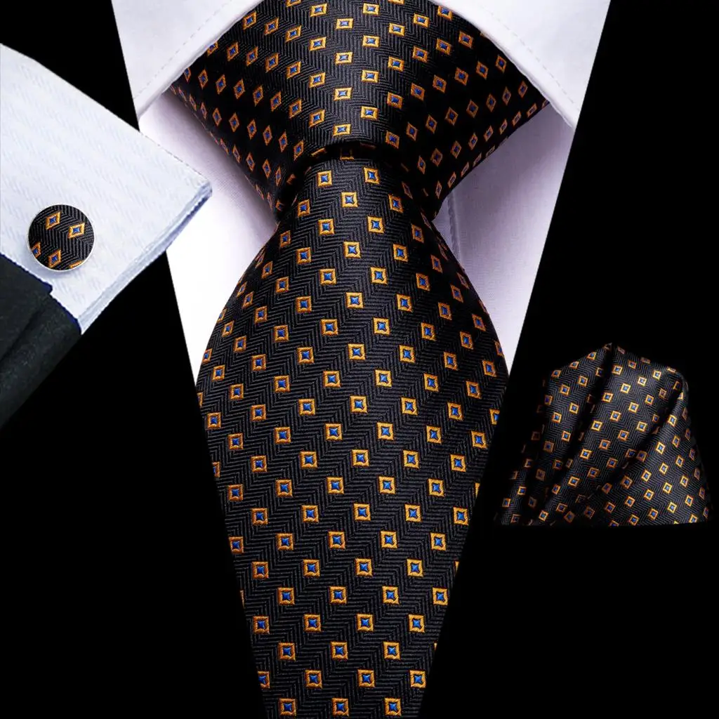 

Hi-Tie Black Gold Dot Silk Wedding Tie For Men Handky Cufflink Fashion Novelty Designer Gift Tie For Men Necktie Business Party