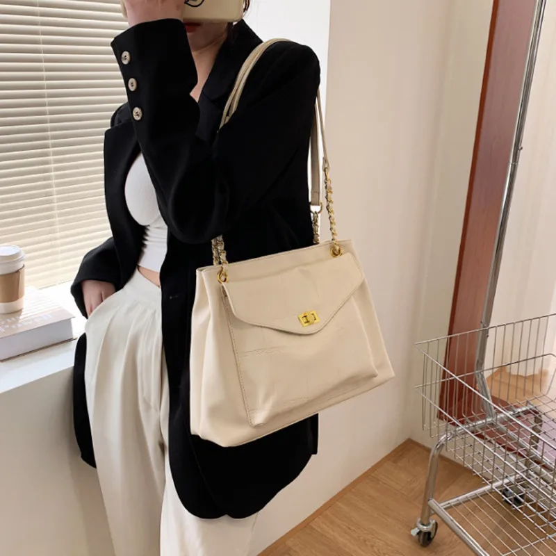 

Pu Leather Women Solid Color Tote Bag Stone-Pattern Chain Shoulder Bag For Ladies Large Capacity Travel Bag