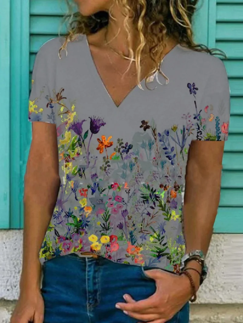 

Women's Fashion Trend V-neck Short Sleeve Tops Casual Floral Print Pullover Summer Loose Large Size All-match Ladies T-sh 510730