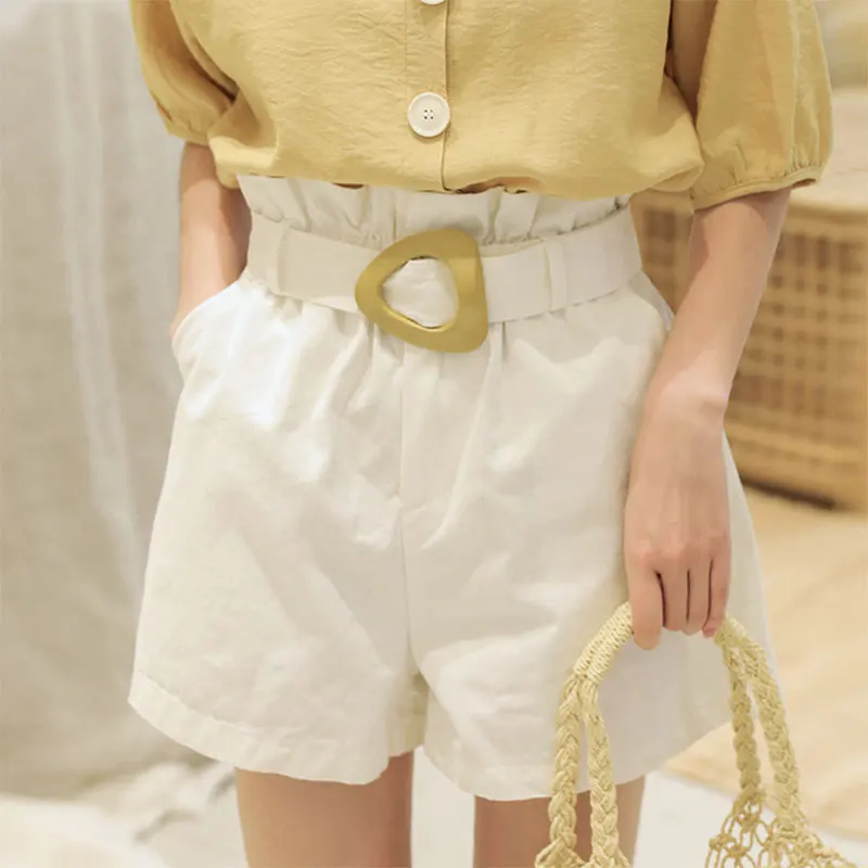 Шорты женские хлопковые с высокой талией белые свободные однотонные V10 лето 2021 |