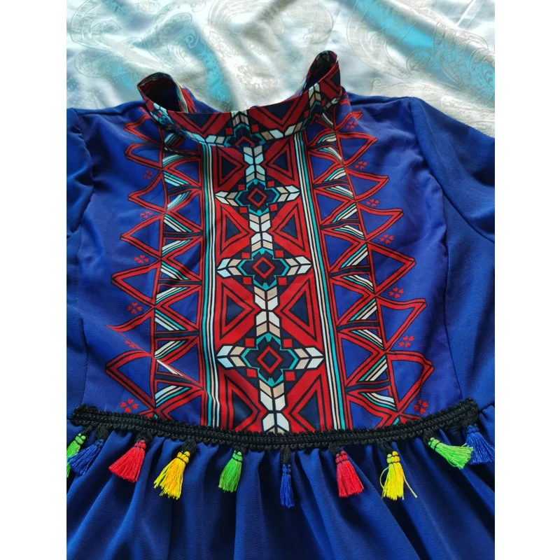 

Ethnic long-sleeved stand collar printing elegant romantic tassels dress female temperament was thin high waist long dress #3631