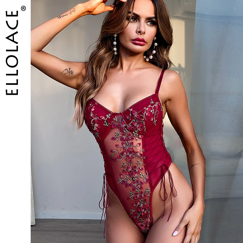 

Ellolace Lace Bodysuit Women Floral Embroidery Sexy Overalls for Women Lace up Bandage Female Jumpsuit Lace Body Sexy Woman