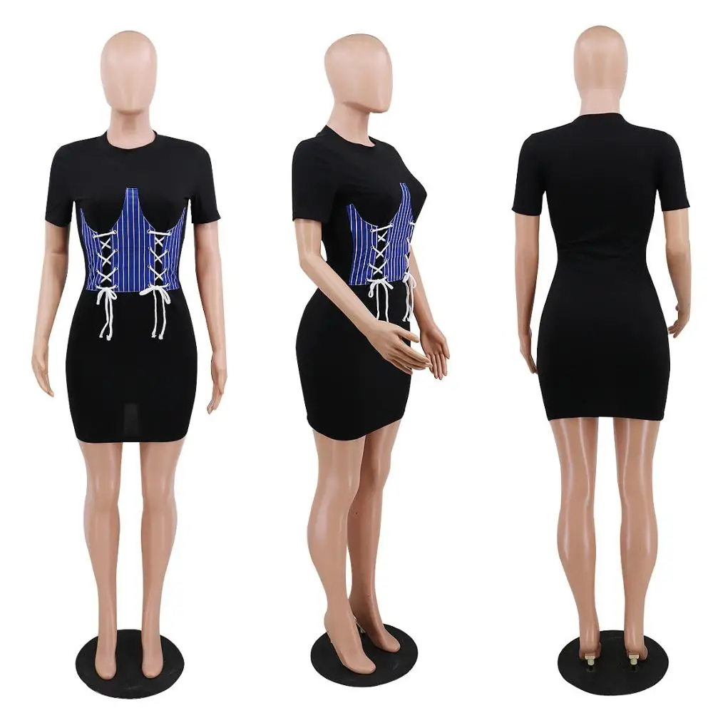 

Adogirl Summer Fashion Women Lace Up Contrast Color Patchwork Dress Short Sleeve O-Neck Skinny Bodycon Mini Dress Vestido
