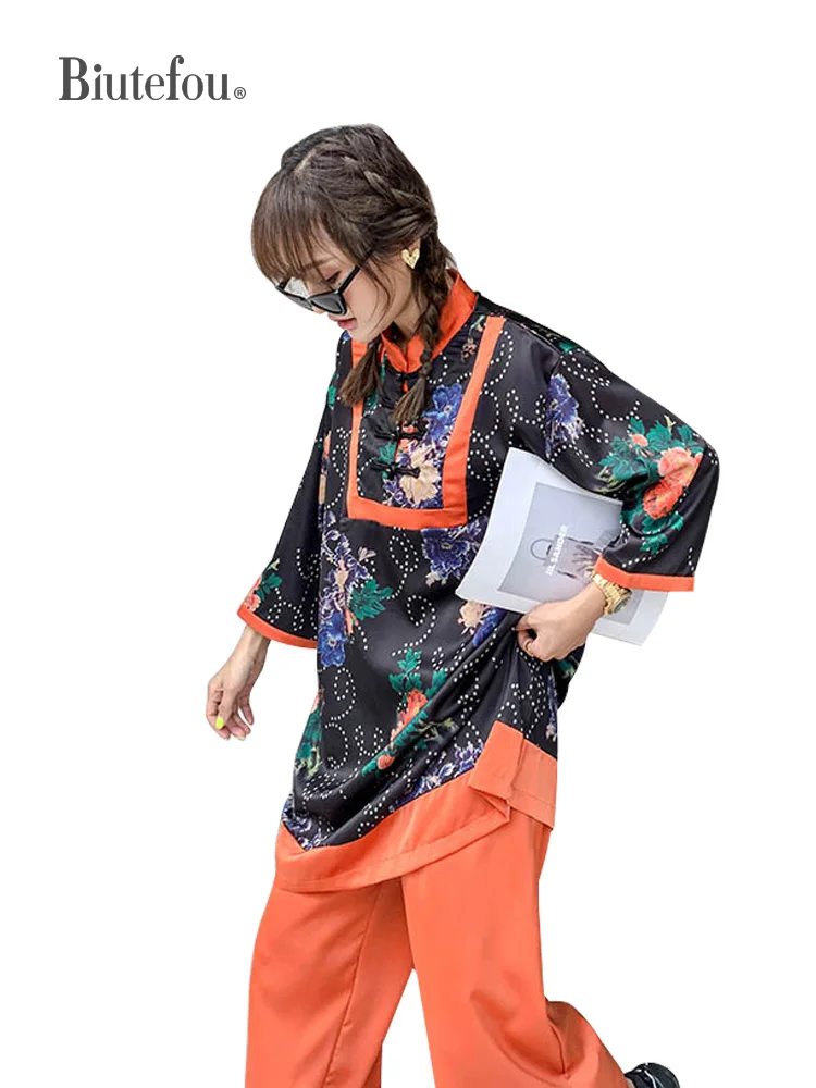 

2021 Summer Women Chinese Style Loose Cheongsam Tops+Wide Leg Pants