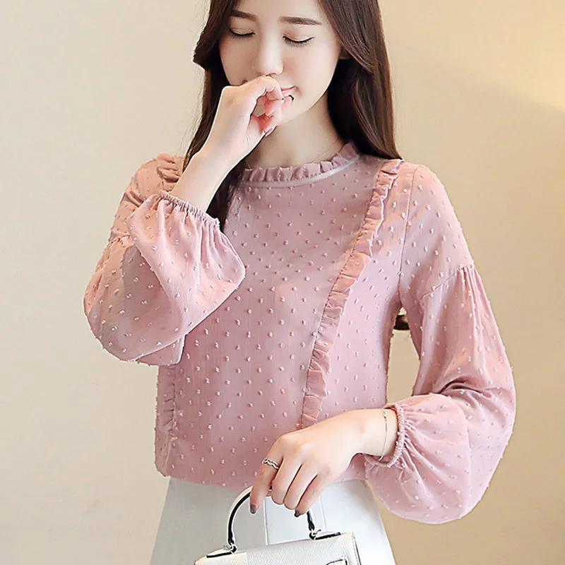 Осенняя мода женские шифоновые блузки с длинным рукавом розовые Нижние рубашки