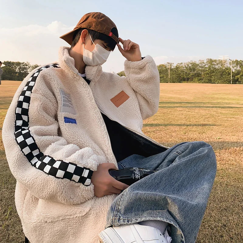 Men's Fashion Imitation Lamb Wool Coat Plus Velvet Thick Plaid Stitching Cotton Clothing Ins Trend Couple Warm Winter Jacket