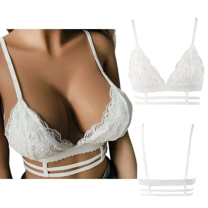 Womens Sexy V-Neck Strappy Caged Bralette Floral Lace Splicing Triangle Cup Bustier Seamless Bandage Elastic Lingerie Crop Top