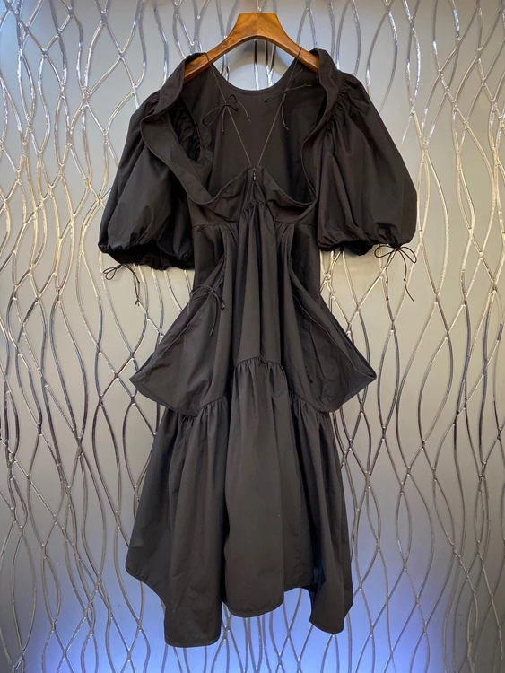 

2020 autumn and winter new women's round neck puff sleeves waist solid color long dress 1218