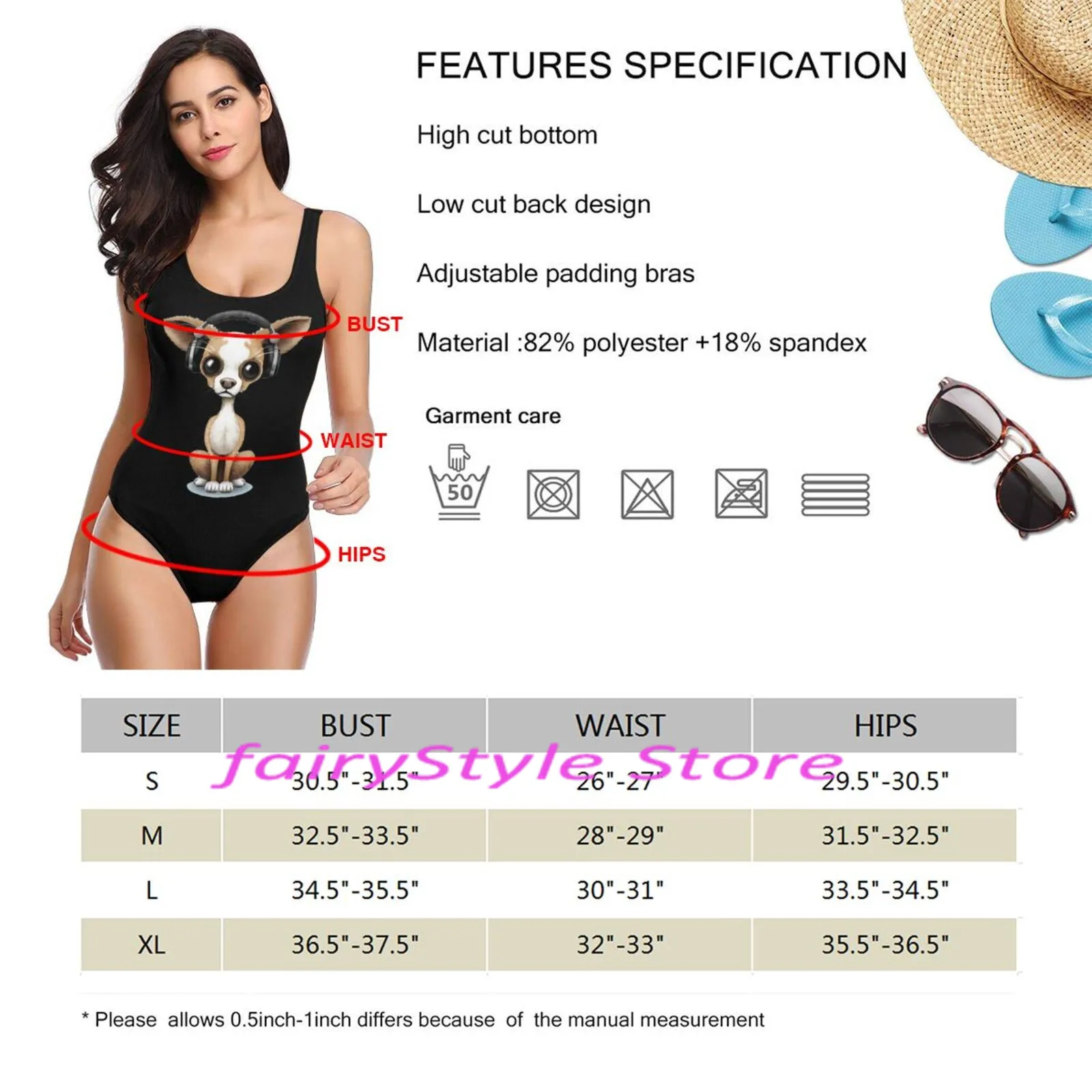 

Cute Chihuahua Puppy Dog Wearing Headphones Print Scoop Back Swimsuit Solid High Leg Cut One-Piece Swimwear Women Black Bather