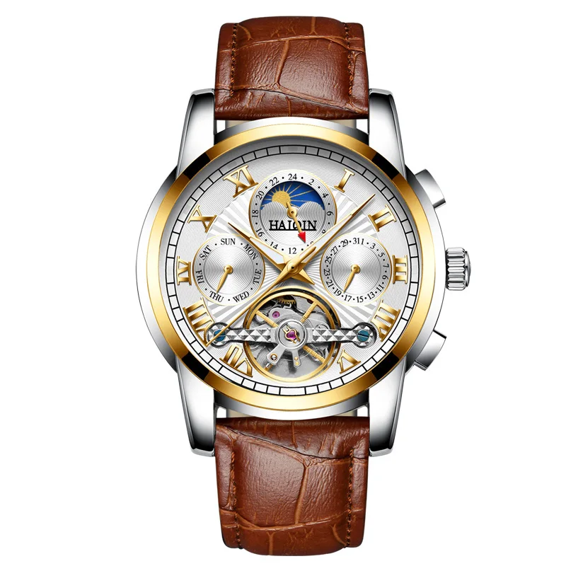 

HAIQIN Casual Genuine Leather Strap Water-Resistant Watch Men Luxury Beijing Mechanical Movement Wristwatch Tourbillon New Clock