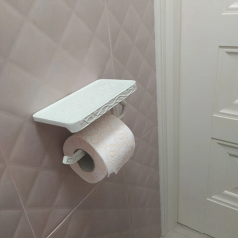

Bathroom Hardware Set White Paper Mobile Phone Holder Space Aluminum Antique Roll Holder with Shelf Toilet Paper